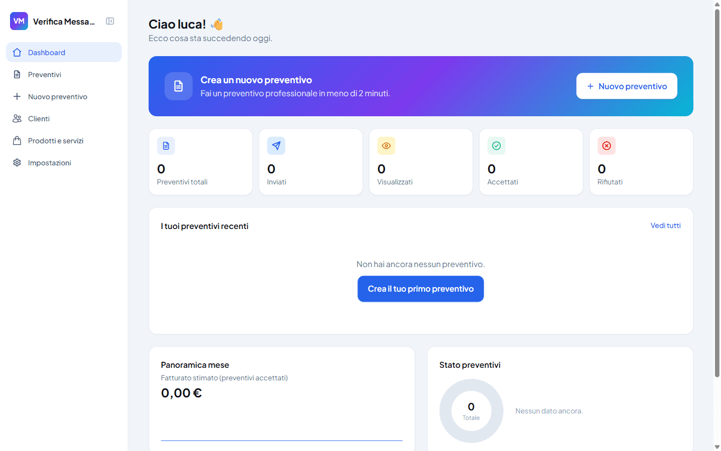 Dashboard di PREVO con i preventivi, i clienti e le statistiche
